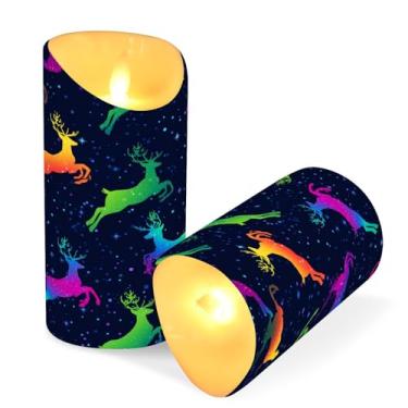 Imagem de ATTX Pacote com 2 velas neon arco-íris rena sem chama – 7,6 cm x 15 cm LED pilar velas com controle remoto e temporizador para casa, casamento, decoração de acampamento #251