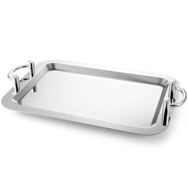 Imagem de Tiangrid 1 bandeja de servir de aço inoxidável, 48 x 33 cm bandeja de servir de metal retangular resistente com alça de plástico espelhada aço polido buffet salgadinho para café, sobremesas, bolos