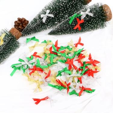 Imagem de 100 mini laços de fita de 3 cm, laços pré-amarrados frente e verso de cores mistas de Natal para embrulho de presente, artesanato e decorações de férias