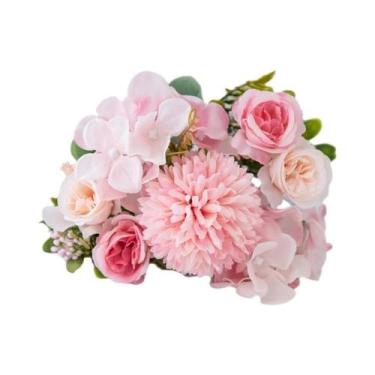 Imagem de Buquê De Rosas E Crisântemos Artificiais Em Seda Rosa Para Casamento, 