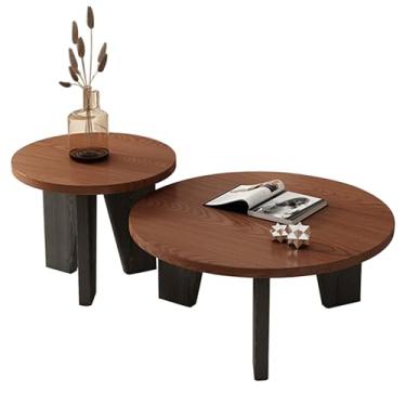 Imagem de Conjunto de mesa de centro redonda, mesa de centro de madeira, mesa lateral para sala de estar, mesa de centro retrô, mesa lateral de sofá, para sala de estar, quarto, escritório varanda (nogueira +
