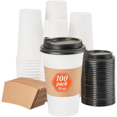 Imagem de 100 unidades de Copos Café Descártáveis 16 oz com Tampas e Mangas para Levar Isolados Fortes Espessos Papel Sem Vazamentos Isolação Bebidas Quentes Fr