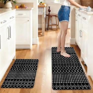 Imagem de Nmxomug Conjunto de 2 tapetes de cozinha antifadiga, tapetes de cozinha boho para chão, decoração de cozinha boho, tapete de espuma antiderrapante e antifadiga, tapete de pia de 43 x 76 cm + tapete de