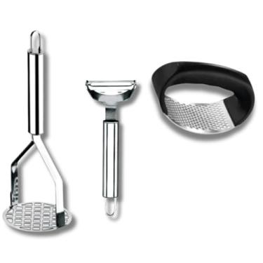 Imagem de Kit 5 Peças Inox Cozinha | Amassador Batata e Alho, Descascador, Espremedor Limão e Ralador 4 Faces(KIT 3 PEÇAS BATATA)