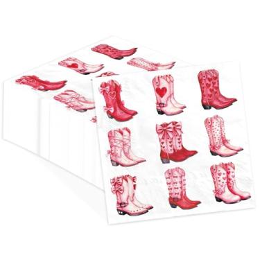 Imagem de Guardanapos de papel para Dia dos Namorados 100 peças, botas de rodeio de corações rosa, toalhas de mão absorventes descartáveis rosa Howdy Western Cowgirl Guardanapos de convidada para decoração de