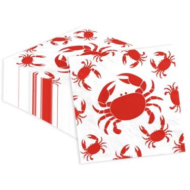 Imagem de Guardanapos de papel tamanho grande de caranguejo 100 peças, 3 camadas, 16,5 x 16,5 cm, guardanapos quadrados descartáveis de caranguejo vermelho, aquarela, verão, frutos do mar, ferver, bebida