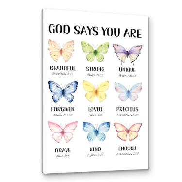 Imagem de PHAMTE Tela de decoração de parede cristã de borboleta colorida 40,6 x 61, God Says You Are Bible Versículo da Bíblia imagens de decoração de parede, arte inspiradora de impressões emolduradas para