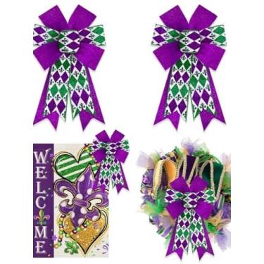 Imagem de 2 peças de arcos de carnaval para grinaldas, laços de grinalda de carnaval, laços de flor de lis, arcos xadrez de búfalo roxo verde para porta da frente, decorações de carnaval com glitter para