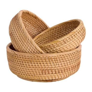 Imagem de Cesta redonda de vime tecida à mão, cesta de pão de vime empilhável, tigelas de armazenamento de servir, organizador decorativo de balcão de cozinha, decoração de fazenda conjunto de 3