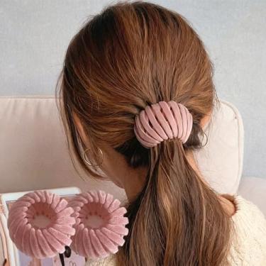 Imagem de Conjunto de 2 peças de elástico de veludo luxuoso, laços de cabelo com nervuras macias para o trabalho, ioga, sono e viagens, acessórios de rabo de cavalo sem costura para mulheres (rosa)
