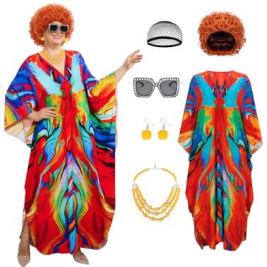 Imagem de CLEDARM 6 peças de fantasia feminina de senhoria caftan vestido cacheado peruca colar brinco óculos de sol conjunto de joias roupa cosplay Halloween (vermelho)