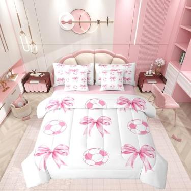 Imagem de Castle Fairy Jogo de cama de casal esportivo de futebol americano, 7 peças, com estampa de bola de laço rosa, edredom com edredom, plano, lençol com elástico, fronhas, fronhas