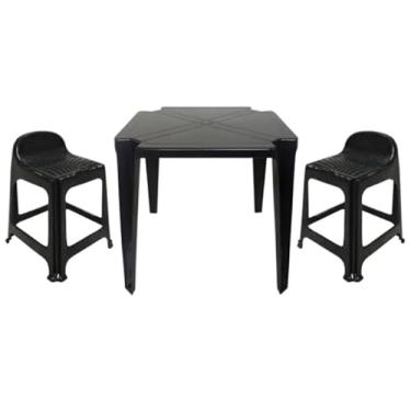 Imagem de Mesa Quadrada Plástico Monobloco 70cm Preta + 2 Banquetas Com Encosto