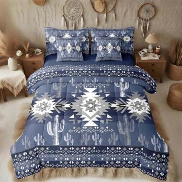 Imagem de Feelyou Conjunto de edredom azul profundo asteca do sudoeste com lençol casal geométrico, vintage, boêmio, tribal, rústico, ocidental, exótico, 7 peças, macio