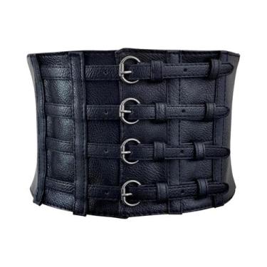 Imagem de Cinto Corset Elástico Y2K Largo De Couro Preto plus Size Para Mulheres