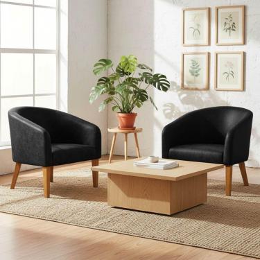 Imagem de Poltrona Sala Decorativa Kit 2 Stella Pé Madeira Trapézio Castanho Sintético Pu D03 - D'rossi Preto