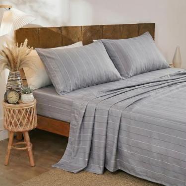 Imagem de Merryword Jogo de lençol Queen com risca de risca cinza - Roupa de cama listrada 100% algodão, 4 peças, tecido percal respirável macio, bolso profundo de 44,5 cm, linho de luxo, conforto para todas as