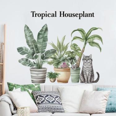 Imagem de Adesivos de parede Cartoon Cat and Tropical Houseplant PVC - yiweisai