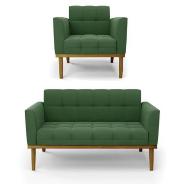 Imagem de Conjunto Poltrona e Namoradeira Karen Suede Verde G19 Pés Madeira para Sala de Estar Gran Belo