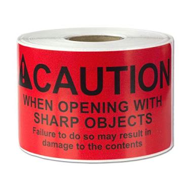 Imagem de Adesivos autoadesivos “Caution When Opening” com etiquetas de objetos afiados (Vermelho Preto/4" x 2") - 300 etiquetas por pacote