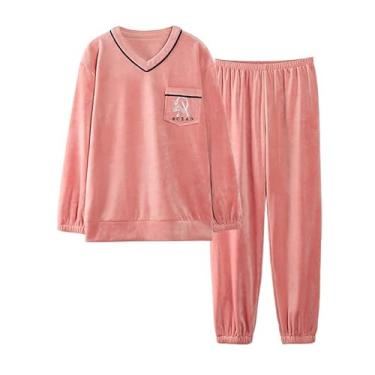 Imagem de LUBOSE Conjunto de camisola de flanela, camisola feminina, camisola térmica de inverno, terno longo feminino de manga comprida, conjunto de camisola confortável para uso doméstico (P, rosa)