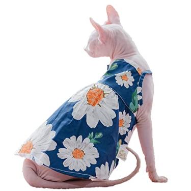 Imagem de Sphynx Roupas de verão para gatos apenas para gatos, colete de algodão macio, estampa respirável, camisetas para gatos Sphynx, Cornish Rex, Devon Rex, Peterbald (G (3,3-4,4 kg), azul floral)
