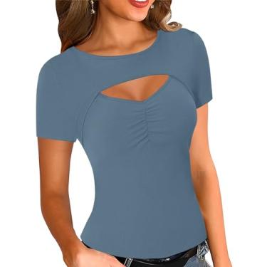 Imagem de KTILG Camisetas femininas recortadas na frente manga curta sexy com nervuras de malha justa camisetas P-2GG, Cinza e azul, M