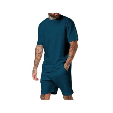 Imagem de Uni Clau Conjunto de 2 peças de shorts masculinos de moda de verão, conjunto de camisa e short, Jeans azul, GG