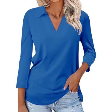 Imagem de Camisetas polo femininas manga 3/4 gola V 2024 casual outono treino cor sólida básico colarinho simples verão blusas, Azul, P