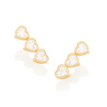 Imagem de Brincos Rommanel Corações Com Cristais Unidos Fol 18k 523260, Dourado