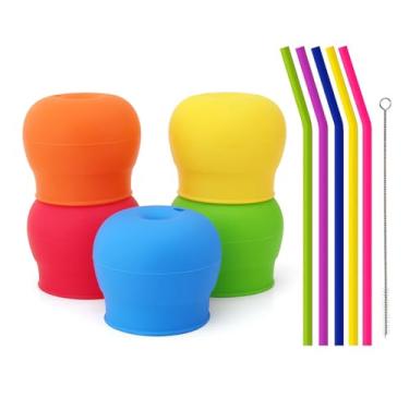 Imagem de Pacote com 5 tampas de silicone para copos com canudos, esticam para cobrir copos infantis ou copos infantis em copos de bico macio, tampas de silicone à prova de derramamento para copos