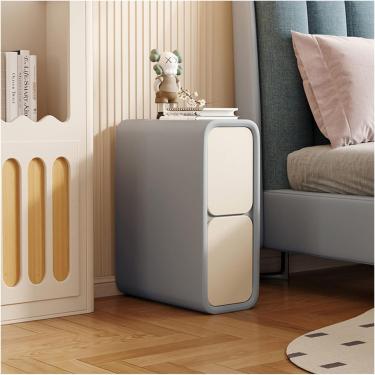 Imagem de Mesa lateral de sofá estreita | Mesa de cabeceira fina minimalista com 2 gavetas | Mesa de cabeceira de couro de microfibra, móveis de quarto de madeira para espaços pequenos, cinza claro + bege, 25 x