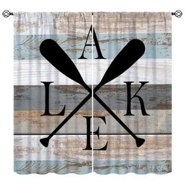 Imagem de Cortina de janela Lake Life, vintage campestre fazenda lago casa tratamentos de janela retrô madeira fazenda lago remo barco trailer cortinas para quarto sala de estar cozinha L 106 x C 114 cm