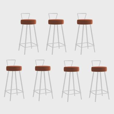 Imagem de Kit 07 Banqueta Alta Com Encosto Tais Eiffel Cozinha Bar Bistrô Ferro Branco Sintético Laranja - Ahz Móveis