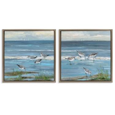 Imagem de Stupell Industries Beach Shore com Sandpipers & Grasses 2 peças marrom emoldurado conjunto de tela flutuante design por Sally Swatland, 25 x 25