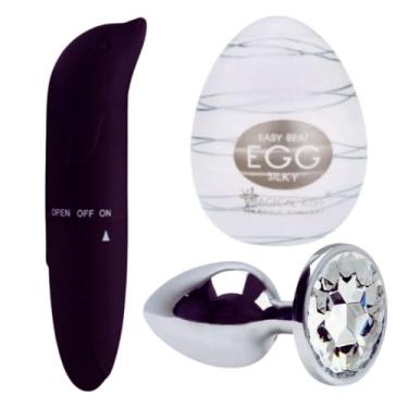 Imagem de Kit Vibrador Golfinho Feminino Ponto G + Masturbador Masculino Ovo Egg + Plugue Anal - Sex Shop Casal (Preto, Plug P)