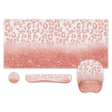 Imagem de Anyshock Tapete de mesa em ouro rosa, descanso de pulso para teclado, suporte de mouse grande rosa, 4 peças ergonômicas para mesa de computador com conjunto de copos, tapete de teclado para jogos para