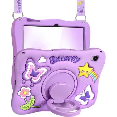 Imagem de Kidcube Capa para Samsung Galaxy Tab S9 FE 5G 10,9 polegadas - para meninas, fofa, kawaii, feminina, 3D, roxa, design de borboleta, com suporte giratório e alça exclusiva, de silicone, para Samsung S9