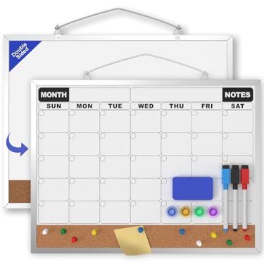 Imagem de HLF-ho Calendário mensal quadro apagável a seco 40,6 x 30,5 cm, conjunto de quadro branco e quadro de cortiça, organizador de parede com marcadores, ímãs, alfinetes, borracha, para escritório em casa