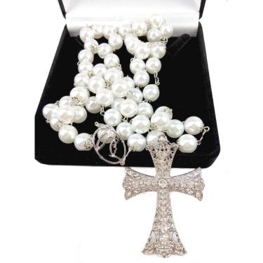 Imagem de Terço Noiva Dourado Perolas Brancas Entremeio Nossa Senhora