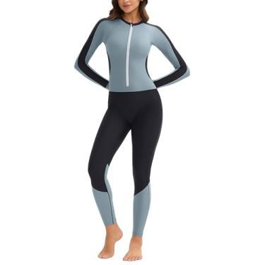 Imagem de SEAUR Maiô feminino de corpo inteiro, sutiã embutido, manga comprida, zíper frontal, Rash Guard, roupa de mergulho com proteção solar, preto e cinza