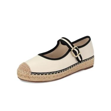 Imagem de SOVANYOU Mary Jane Alpargatas femininas bico redondo Mary Jane Sapatilha plataforma de tecido balé com fivela, Lvory Pu, 36