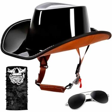 Imagem de GYLRFAN Meio capacete retrô de motocicleta, chapéu de caubói ocidental, rosto aberto, aprovado pelo DOT unissex para adultos, com fivela de liberação rápida e forro para ciclomotores, bonés de jazz de