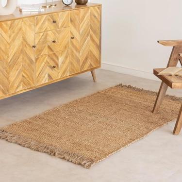 Imagem de HOMEMONDE Tapete de área de juta trançada com borlas 1,2 m x 1,8 m natural tecido à mão grosso boho decoração de casa tapete vintage estilo fazenda - para quarto, sala de estar, sala de jantar