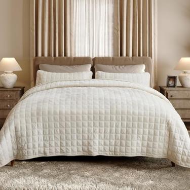 Imagem de Fleeco Conjunto de edredom King de veludo leve de 274 x 243 cm, colcha ultramacia com 2 fronhas combinando, para todas as estações, branco