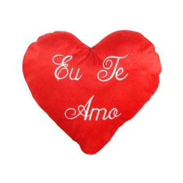Imagem de 1 Almofada Pelúcia de Coração Dia Dos Namorado Bordado Frase Eu Te Amo 35cm