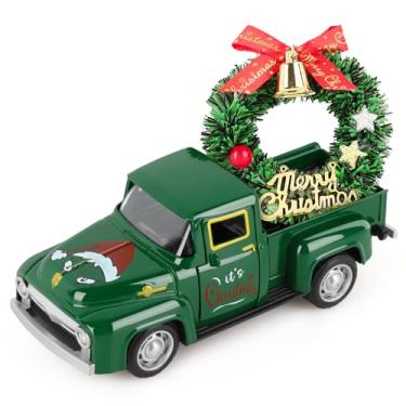 Imagem de Hooqict Caminhão monstro de Natal verde com guirlanda, decoração de Natal, mini caminhão de metal, caminhonete vintage, para centro de mesa, decoração de mesa de festa de Natal, cozinha, fazenda