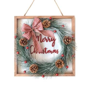 Imagem de Bibelot Placa de madeira de Natal, guirlanda de decoração de boas-vindas de Natal, guirlanda de decoração de porta com pinhas, arco para ambientes internos e externos, casa de fazenda, parede