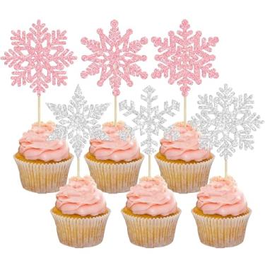Imagem de Gyufise Pacote com 36 Topos de Cupcake Floco de Neve Rosa Prata Glitter Tema Frozen Inverno Palitos de Cupcake Chá de Bebê Crianças Festa de Aniversário Decoração de Bolo de Natal Suprimentos