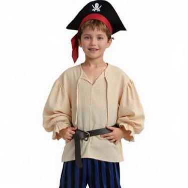 Imagem de CAMDOM Camisa de fantasia de pirata medieval para meninos, blusa de manga comprida com babados renascentista, Caqui, 10-12 Years